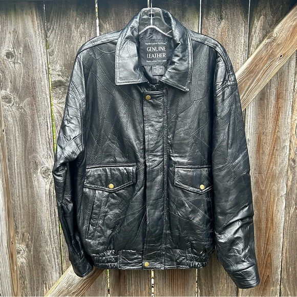 Black Leather Bomber Style Motorcycle Jacket Men’s Medium Soft Supple Patchwork - Picture 8 of 13